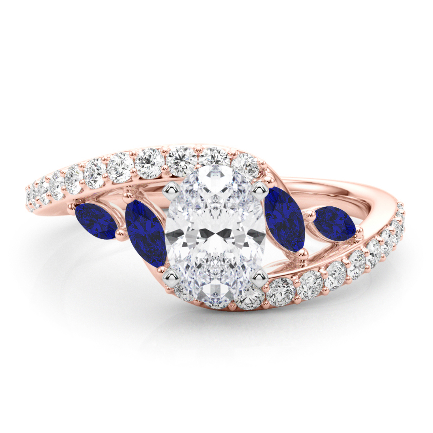 Swirl Design Lab Grown Diamond & Marquise Sapphire Engagement Ring 14K Rose Gold (0.63ct)